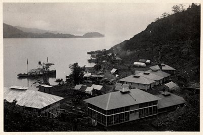 View of a group of buildings near a large body of water during the construction of the Panama Canal by Byron Company